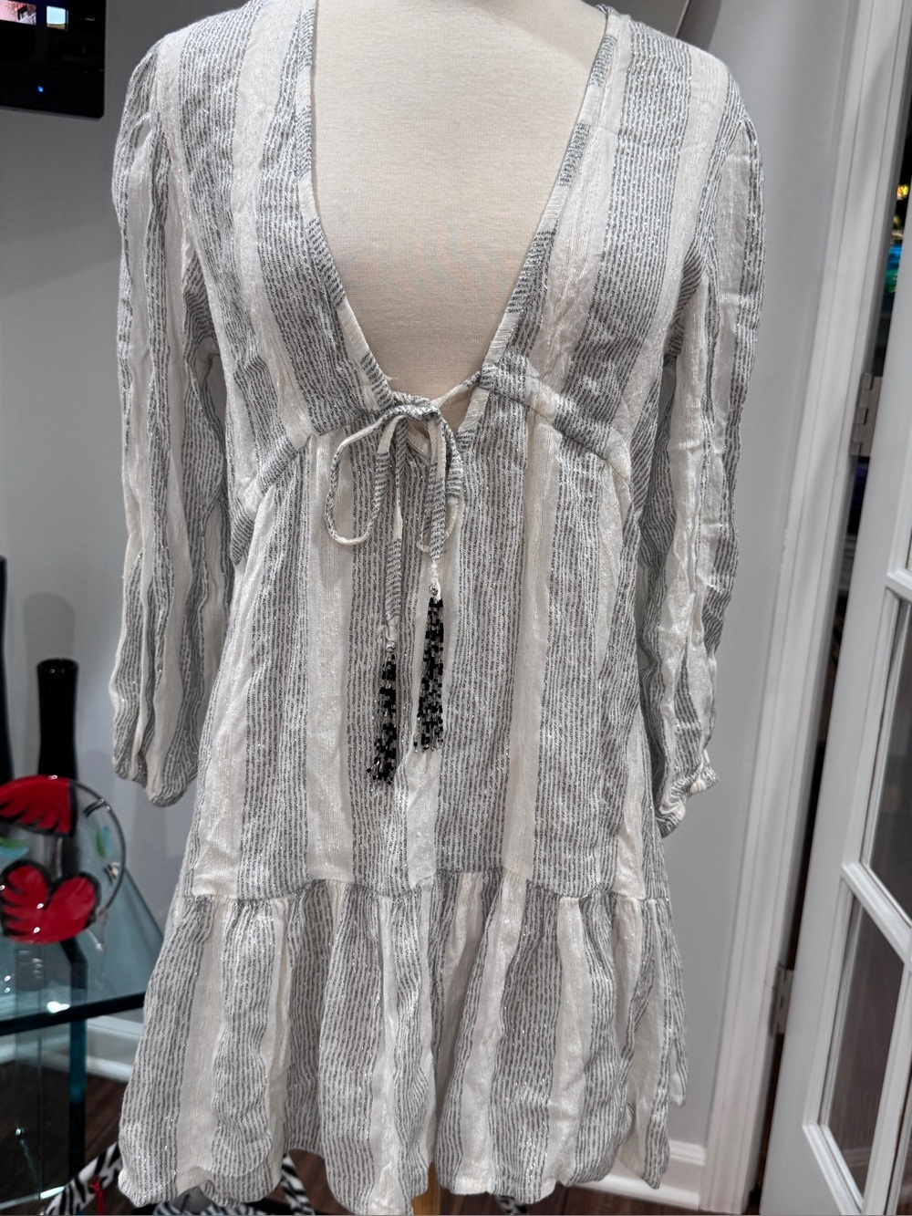 Blue Island Boho Silver & White Sparkle Striped V-Neck Tie-Front Swim Cover-up